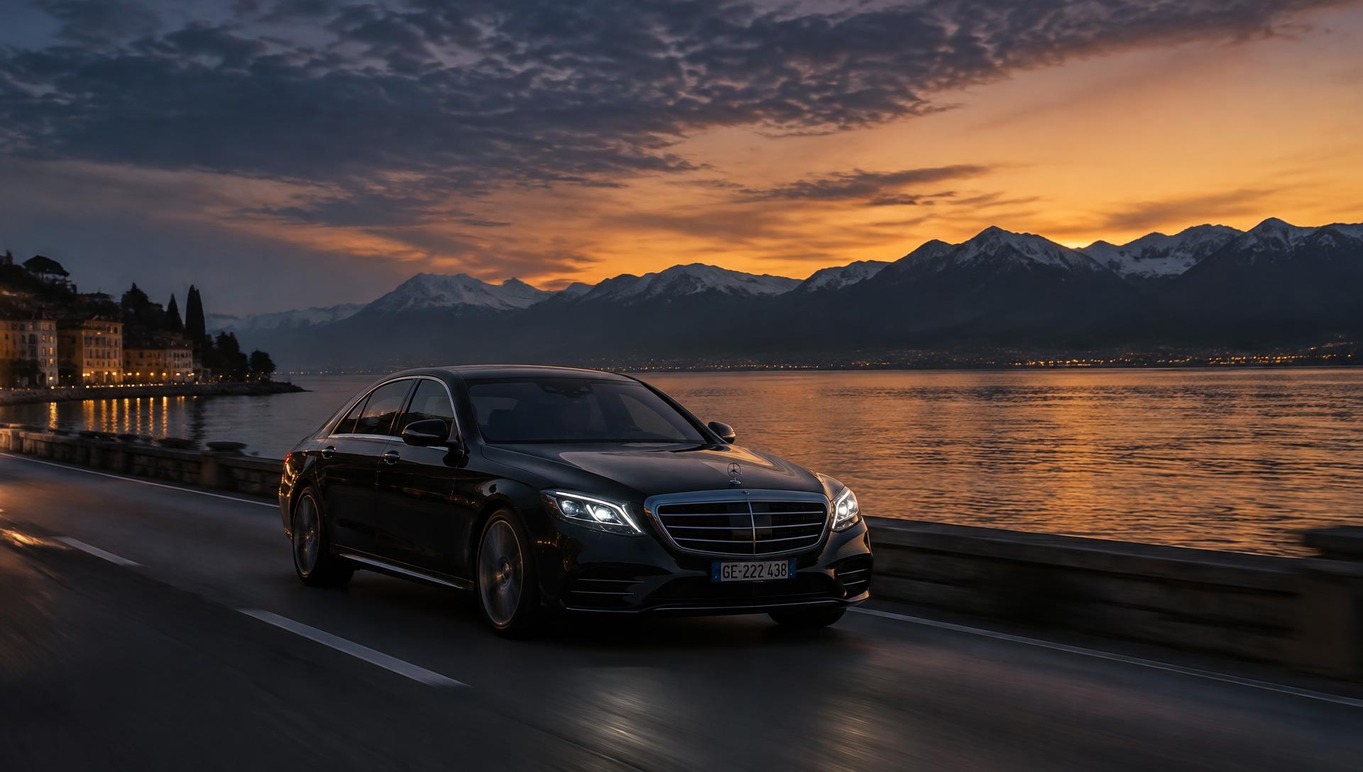 Berline noire de luxe longeant le lac Léman au crépuscule