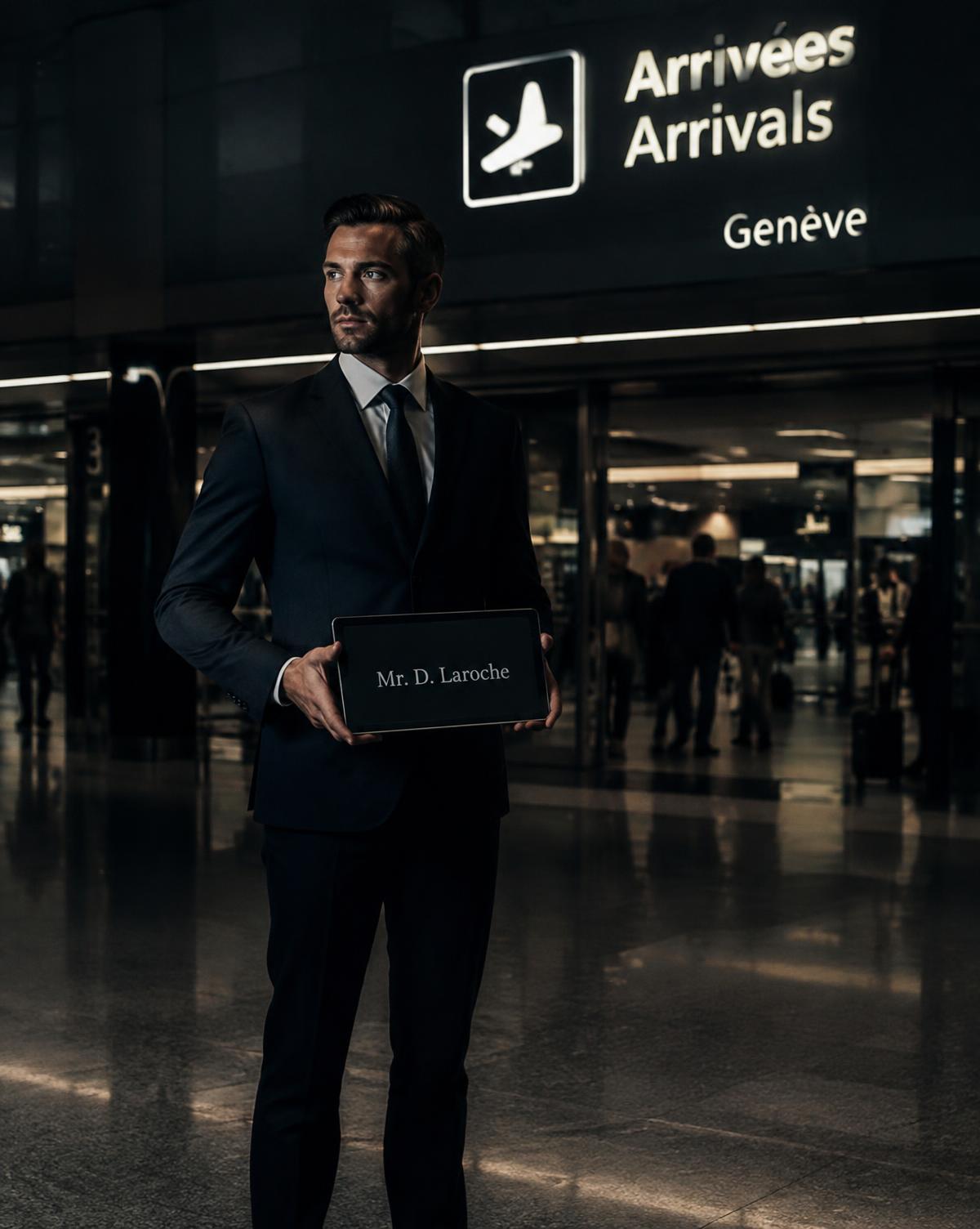 Chauffeur en costume tenant une pancarte nominative aux arrivées de l'aéroport de Genève